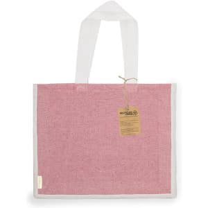 A pink tote bag with white handles and a tag, featuring a simple and eco-friendly design.