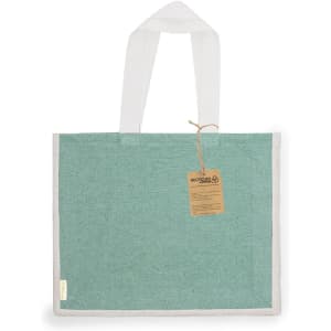 A teal tote bag with white handles, featuring a tag and a simple design. It has a logo on the side.