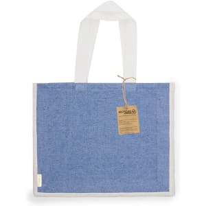 A blue tote bag with white handles and a tag, made from recycled material. Features a logo.
