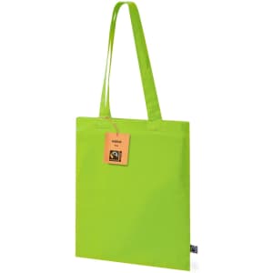A bright green tote bag with long straps and a tag. Includes a logo but no other details are visible.