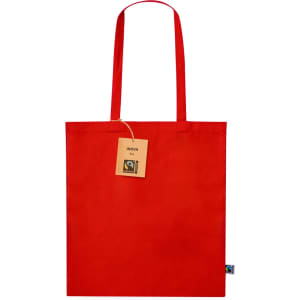 A red tote bag with long handles and a tag attached, featuring a logo.