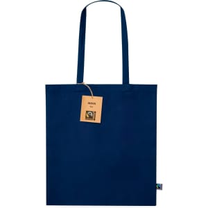 A navy blue tote bag with long handles and a tag, featuring a logo on the side.