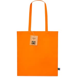 An orange tote bag with two handles and a tag, featuring a logo on the side.