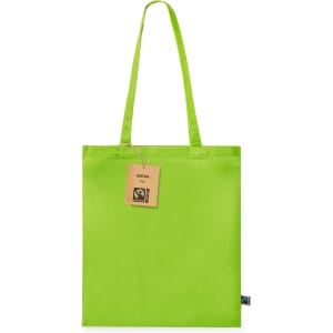 A bright green tote bag with long handles and a tag, featuring a logo or branding.