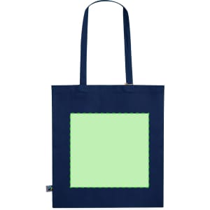 A navy tote bag featuring a green framed area, complete with a logo on the side.