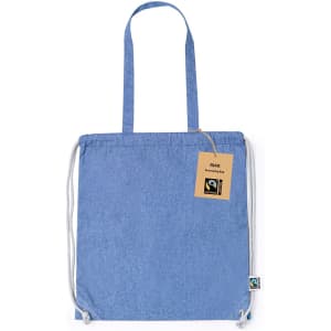 A blue drawstring bag with a top handle, featuring a tag and an attached logo.