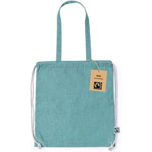 A turquoise drawstring bag with two handles, featuring a tag and a logo.