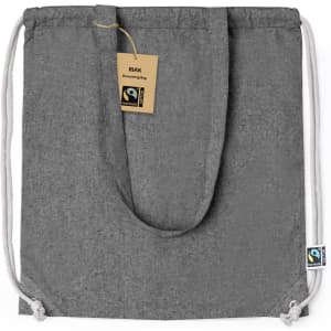 A grey drawstring bag with a textured appearance and a tag attached, featuring a logo.