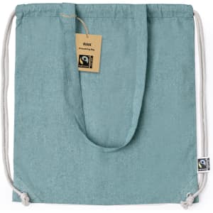 A teal drawstring bag with a textured fabric and a logo tag attached. It features two durable drawstrings.