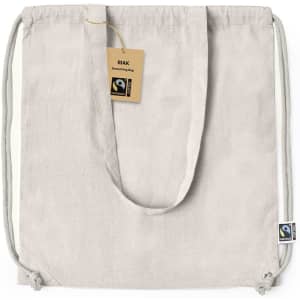 A pale beige drawstring bag with a simple design, featuring a logo and a tag.