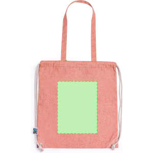A pink drawstring bag with light green accent and rope straps, featuring a logo in the corner.