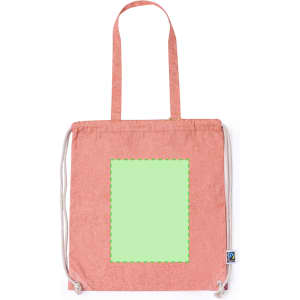 A pink drawstring bag with white drawstrings and a green outlined area for logo or design placement.