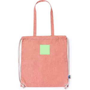 A pink drawstring bag with light green accents and a logo, featuring two straps and drawstring closure.