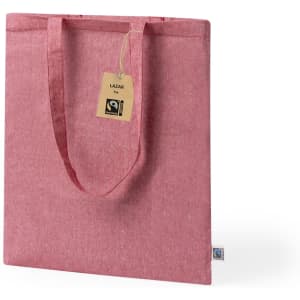 A pink tote bag with long handles and a tag featuring a logo. It's made from durable material and has a simple design.