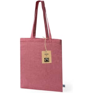 A pink tote bag with two handles, featuring a tag and a logo on the side.