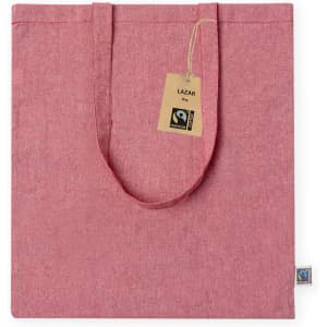 A pink tote bag with two handles and a tag. The bag features a logo.