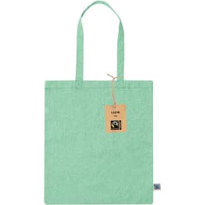 A mint green tote bag with two handles and a tag, featuring a branding logo.