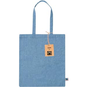 A blue tote bag with two handles and a tag, featuring a logo on the side.