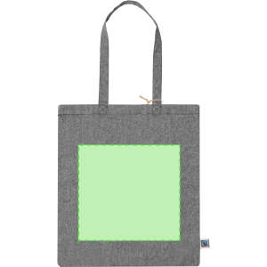 A grey tote bag featuring a large green square in the centre and two shoulder straps. It has a logo on the side.