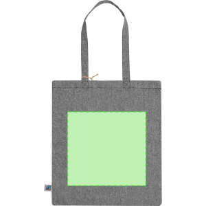 A grey tote bag with a green blank square area, featuring two shoulder straps and a small logo.