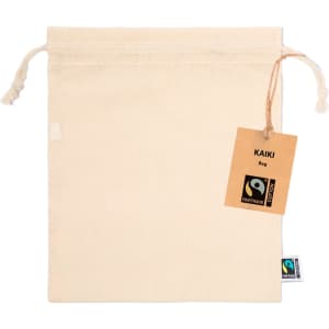 A cream drawstring bag made of fabric, featuring a small tag and a logo on the side.