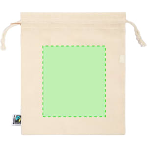 A natural-coloured drawstring bag with a plain area for customisation and a logo tag at the side.