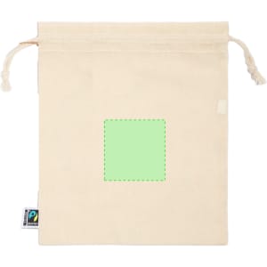 A drawstring bag in natural canvas colour with a green square outline and a branded tag at the side.