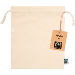 A cream-coloured drawstring bag made of cotton, featuring a tag and a small logo.