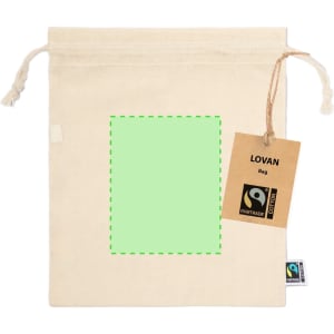 A natural beige drawstring bag with a green rectangular area and a tag featuring a logo.