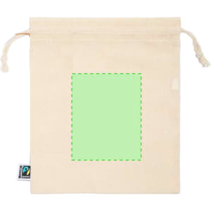 A natural-coloured drawstring bag with a light green area for branding, featuring a logo tag on the side.