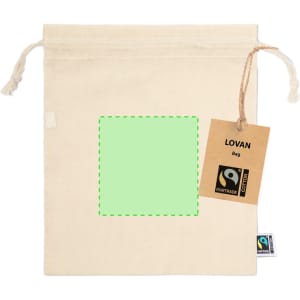A natural cotton drawstring bag with a tag and a blank green square for custom graphics.