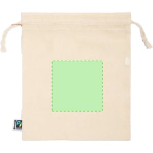 A cream drawstring bag made of fabric, featuring a branded tag and a plain square area.