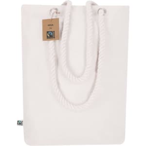 A white tote bag with rope handles and a tag, featuring a branding logo.