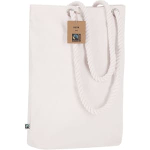 A light cream tote bag with rope handles and a logo tag attached. The bag has a simple, minimalist design.