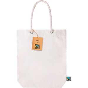 A white tote bag with a rope handle and a tag, featuring a logo on the side.