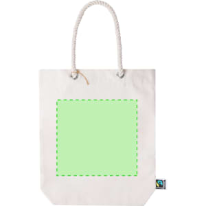A white tote bag with a rope handle, featuring a green square space for customisation and a logo on the side.