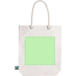 A white tote bag with rope handles and a blank green square area for customisation, featuring a logo tag.