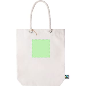 A white tote bag with a rope handle and a blank square area for customisation, featuring a small logo.