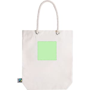 A white tote bag with rope handles and a square design area, featuring a branding logo.