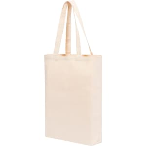 A beige tote bag with long handles and a simple design. It features a logo on the front.
