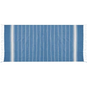 A blue and white striped towel pareo with fringed edges, designed for bath and personal use.