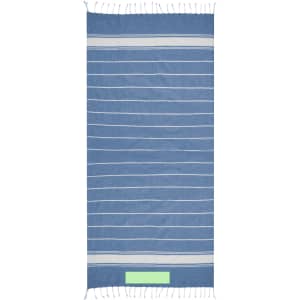 A blue and white striped towel with fringed edges and a logo at the bottom.