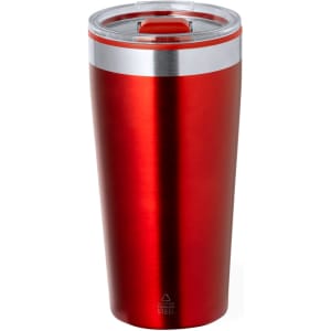 A drink bottle with a sleek red aluminium design and a transparent lid, featuring a silver band.