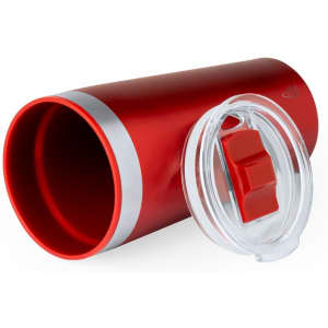 A red insulated travel mug with a silver band and a clear lid featuring a sliding closure.