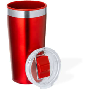 A drink bottle in vibrant red with a stainless steel trim and a clear lid featuring a red slider.