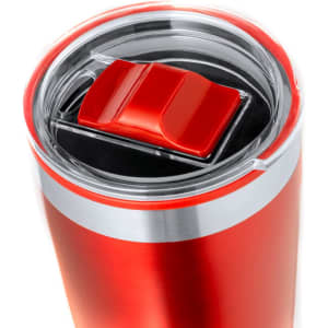 A red insulated cup with a silver band and a clear lid featuring a red sliding cap. It has a logo on the side.