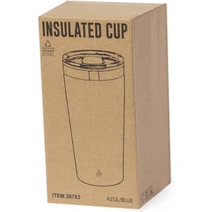 A drink bottle in a cardboard box, featuring an insulated cup design in blue with a lid. Contains a branding logo.