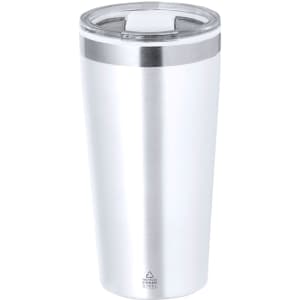 A drink bottle with a sleek stainless steel design and a clear lid, featuring a reflective silver finish.