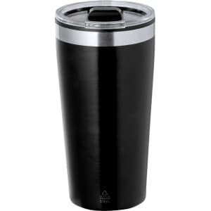 A drink bottle in black stainless steel with a transparent lid and a metallic band at the top. It features a logo.