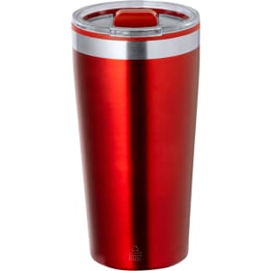 A drink bottle featuring a sleek red exterior, stainless steel accents, and a transparent lid.